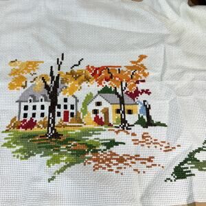 Vintage Unfinished Cross Stitch Kit Autumn Village Farmhouse Scene w/ Iris Floss